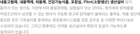 내용고형제, 내용액제, 외용제, 건강기능식품, 포장실, Pilot(소량생산) 생산설비 등이 들어서 있는 생산동, 지원부서와 품질경영팀, 실험실이 있는 관리도, 원자재와 완제품을 적정조건에서 보관할 수 있는 현대식 자동화 창고와 완제품이 출하되는 출하동, 제품 생산에 필요한 모든 기계설비를 통제하는 중앙통제시스템을 갖춘 공무동 등 다양한 부대시설로 
구성되어 있습니다. 그리고 향후에도 의약품 생산설비의 확장과 증설이 가능하도록 설계되어 있습니다.