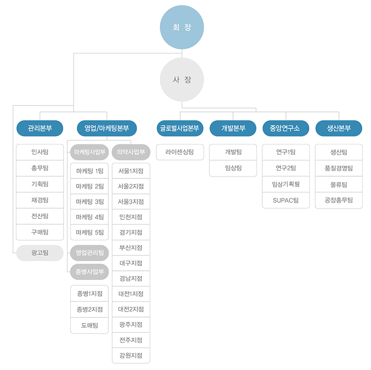 회장 - 사장 - 광고팀 - 1.광리본부:인사팀,총무팀,기획팀,재경팀,전산팀,구매팀. 2.영업/마케팅본부 - 2-1.마케팅팀 2-2.영업관리팀 2-3.종병사업부 : 종병1지점, 종병2지점, 도메팀. 2-4.의약사업부:서울1지점,서울2지점,서울3지점,인천지점,경기지점,부산지점,대구지점,경남지점,대전지점,광주지점,전주지점,강원지점. 3.개발본부:연구기획팀,개발팀,임상개발팀,해외업무팀. 4.중앙연구소:제제연구1팀,제제연구2팀,분석연구팀,SUPA팀. 5.생산본부:공장총무팀,생산팀,품질경영팀,공무팀,발송팀 