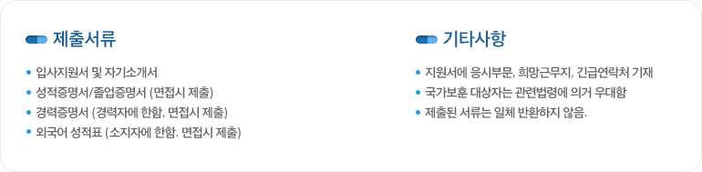 제출서류: -입사지원서 및 자기소개서, -성적증명서/졸업증명서 (면접시 제출), -경력증명서 (경력자에 한함, 면접시 제출),-외국어 성적표 (소지자에 한함. 면접시 제출) / 기타사항 : -지원서에 응시부문, 희망근무지, 긴급연락처 기재, -국가보훈 대상자는 관련법령에 의거 우대함, -제출된 서류는 일체 반환하지 않음.