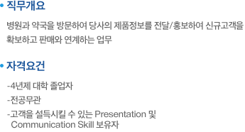 직무개요:병원과 약국을 방문하여 당사의 제품정보를 전달/홍보하여 신규고객을 확보하고 판매와 연계하는 업무. 자격요건:4년제 대학 졸업자, 전공무관,고객을 설득시킬 수 있는 Presentation 및 Communication Skill 보유자