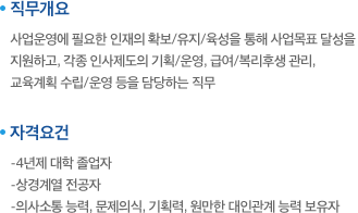 직무개요:사업운영에 필요한 인재의 확보/유지/육성을 통해 사업목표 달성을 지원하고, 각종 인사제도의 기획/운영, 급여/복리후생 관리, 
교육계획 수립/운영 등을 담당하는 직무. 자격요건:-4년제 대학 졸업자,-상경계열 전공자,-의사소통 능력, 문제의식, 기획력, 원만한 대인관계 능력 보유자