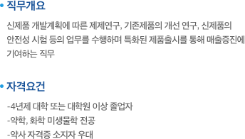 직무개요:신제품 개발계획에 따른 제제연구, 기존제품의 개선 연구, 신제품의 안전성 시험 등의 업무를 수행하며 특화된 제품출시를 통해 매출증진에 기여하는 직무. 자격요건:-4년제 대학 또는 대학원 이상 졸업자,-약학, 화학 미생물학 전공,-약사 자격증 소지자 우대