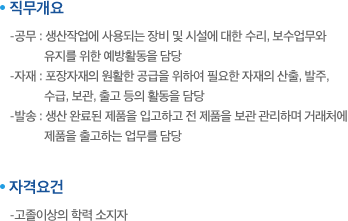 직무개요:-공무 : 생산작업에 사용되는 장비 및 시설에 대한 수리, 보수업무와 유지를 위한 예방활동을 담당 -자재 : 포장자재의 원활한 공급을 위하여 필요한 자재의 산출, 발주, 수급, 보관, 출고 등의 활동을 담당 -발송 : 생산 완료된 제품을 입고하고 전 제품을 보관 관리하며 거래처에 제품을 출고하는 업무를 담당. 자격요건:-고졸이상의 학력 소지자