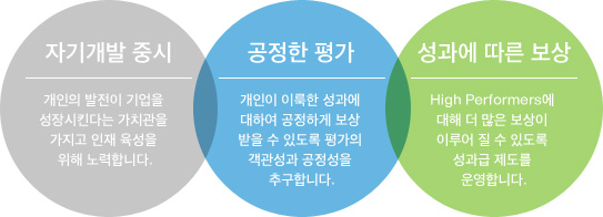 자기개발 중시:개인의 발전이 기업을 성장시킨다는 가치관을 가지고 인재 육성을 위해 노력합니다. 공정한 평가:개인이 이룩한 성과에 대하여 공정하게 보상 받을 수 있도록 평가의 객관성과 공정성을 추구합니다. 성과에 따른 보상:High Performers에 대해 더 많은 보상이 이루어 질 수 있도록 성과급 제도를 운영합니다.