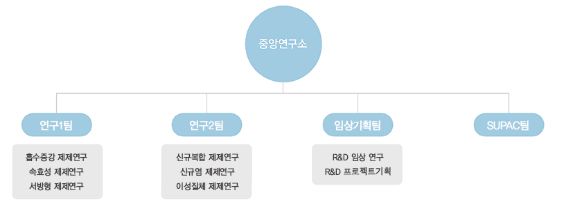 중앙연구소 - 1.제제1팀:흡수증가제제연구,속효성제제연구. 2.제제2팀:복합제제연구,신규염제제연구. 3.제제3팀:서방성제제연구, 이성질체제제연구.