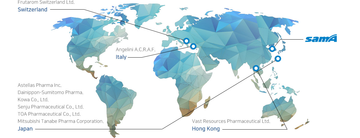 Switzerland(Frutarom Switzerland Ltd.),  Italy(Angelini A.C.R.A.F.), Japan(Astellas Pharma Inc., Dainippon-Sumitomo Pharma., Kowa Co., Ltd., Senju Pharmaceutical Co., Ltd., TOA Pharmaceutical Co., Ltd., Mitsubishi Tanabe Pharma Corporation.), Hong Kong(Vast Resources Pharmaceutical Ltd.)